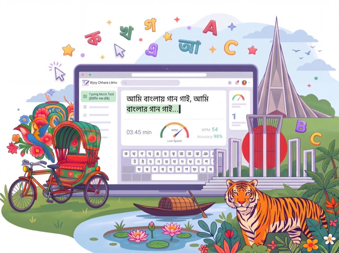BijoyCharaLikho.app — Bangla & English Typing Mock Test with Bangladeshi Rickshaw, Shaheed Minar, National Memorial and Royal Bengal Tiger